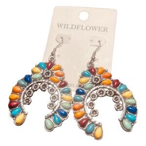 Wildflower Squash Blossom Multi Color Stone Dangle Earrings 2.5”